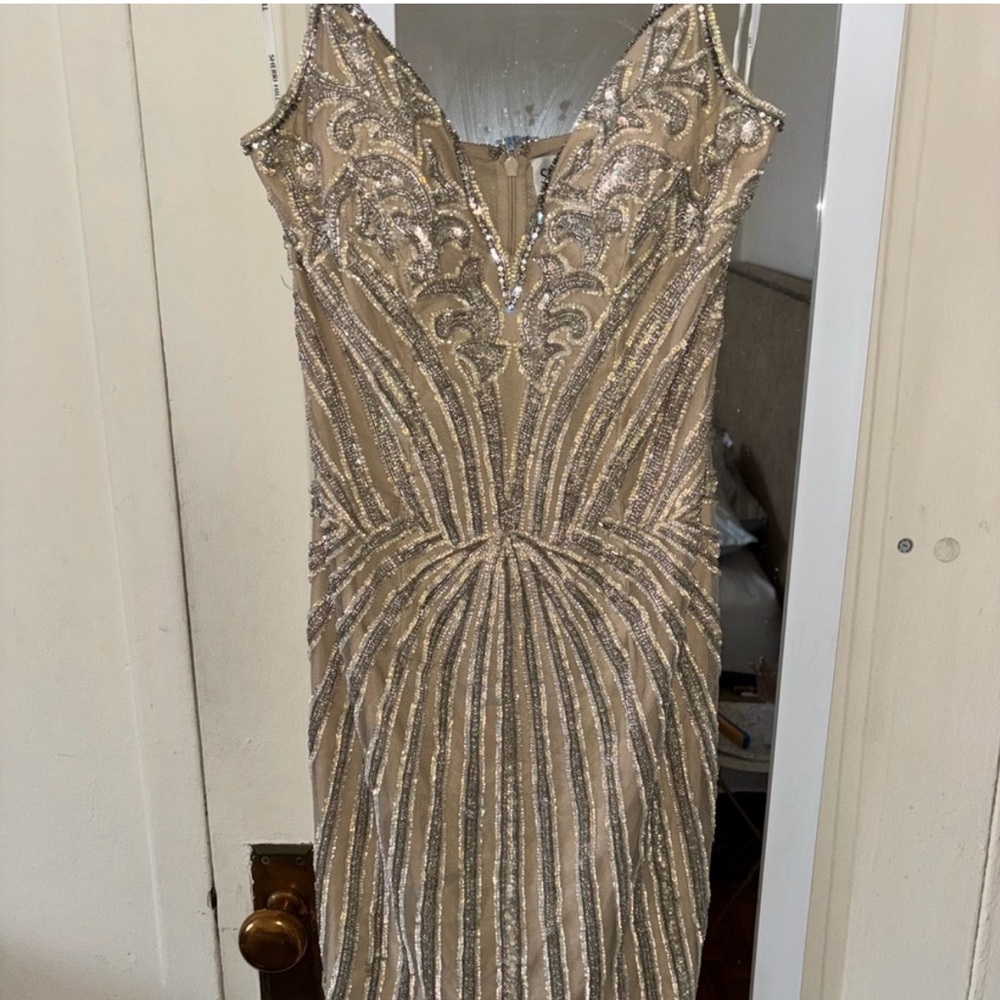 Sherri Hill Silver and Cream Prom Dress